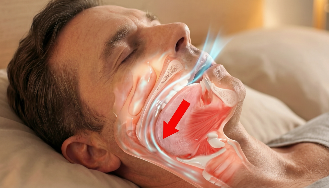 Man som sover med illustration av luftvägen som visar hur snarkning uppstår