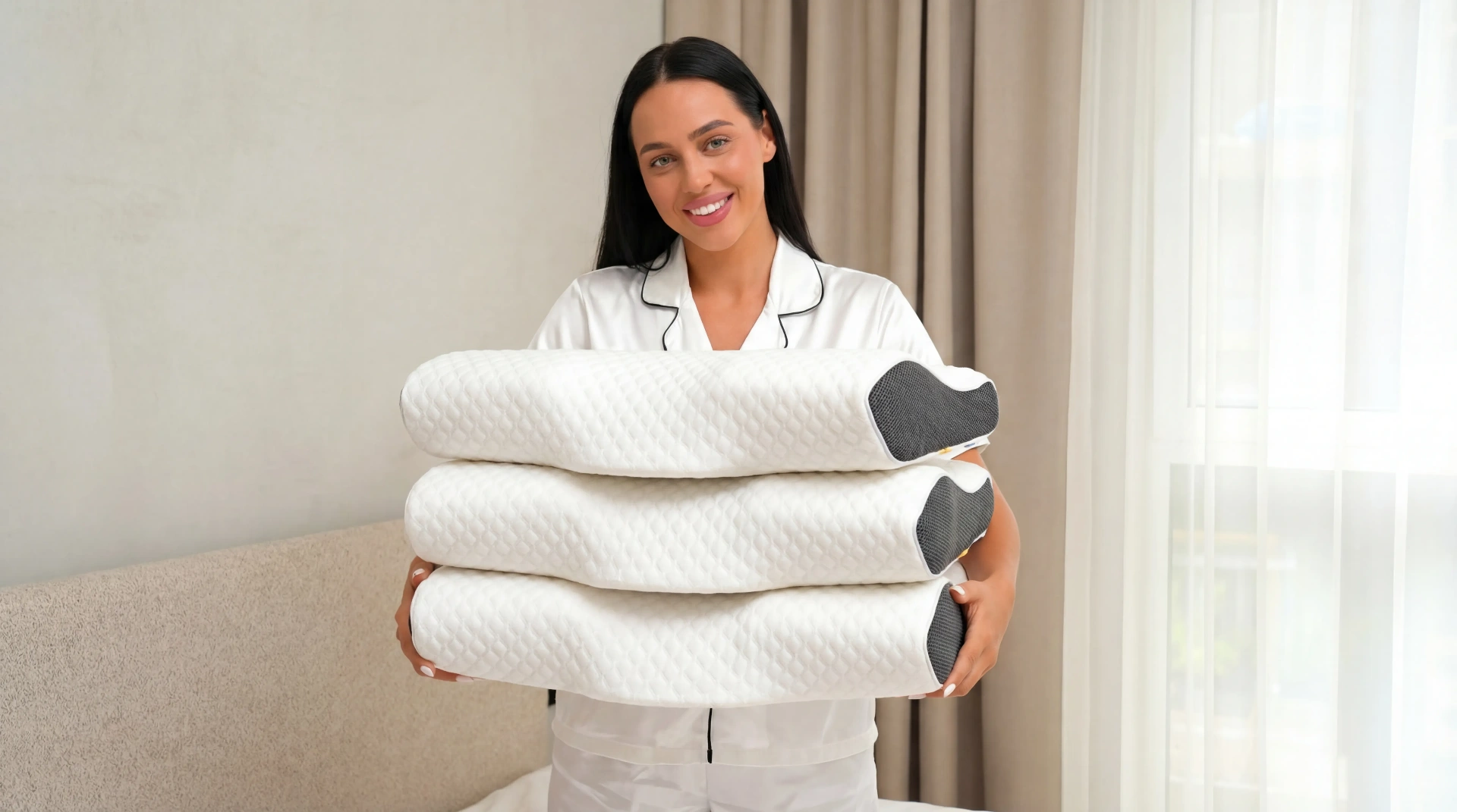 Kvinna som håller en stapel HappySleep kuddar
